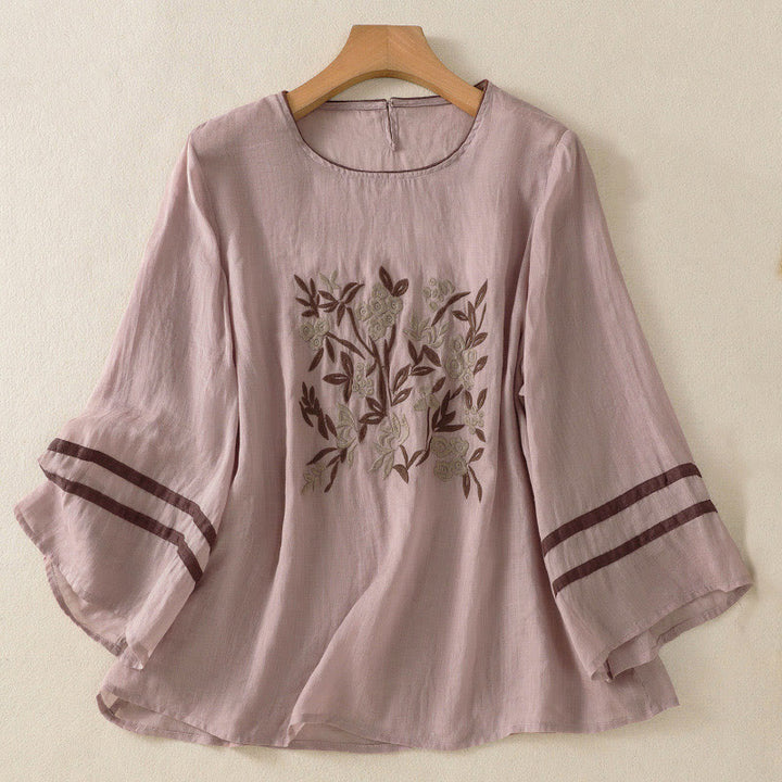 Buddha Stones ​​Retro-Stickerei Blumen Dreiviertelärmel Damen Baumwoll-T-Shirt - Pflaume - US14, UK/AU18, EU46 (2XL) - image 23