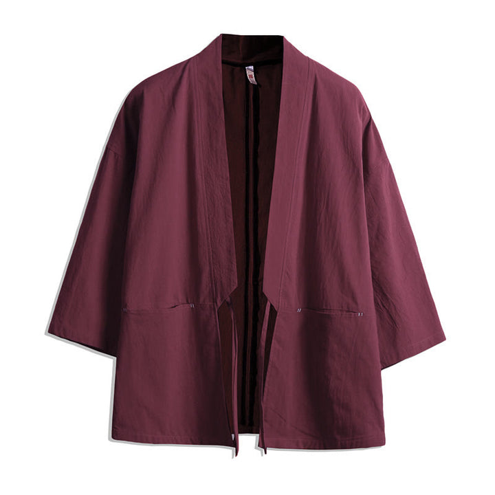 Buddha Stones , einfarbige, geschnürte Dreiviertelarm-Jacke mit offener Vorderseite, Herrenkimono - IndianRed - US/ UK/AU48, EU58 (5XL) - image 6