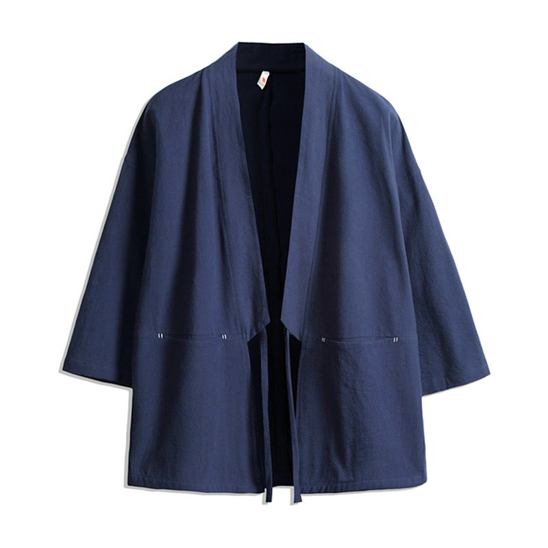 Buddha Stones , einfarbige, geschnürte Dreiviertelarm-Jacke mit offener Vorderseite, Herrenkimono - SteelBlue - US/UK/AU48, EU58 (5XL) - image 0