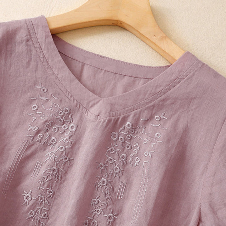 Buddha Stones Casual Damen-Shirt mit besticktem Blumenmuster, V-Ausschnitt und lockeren halben Ärmeln - image 7