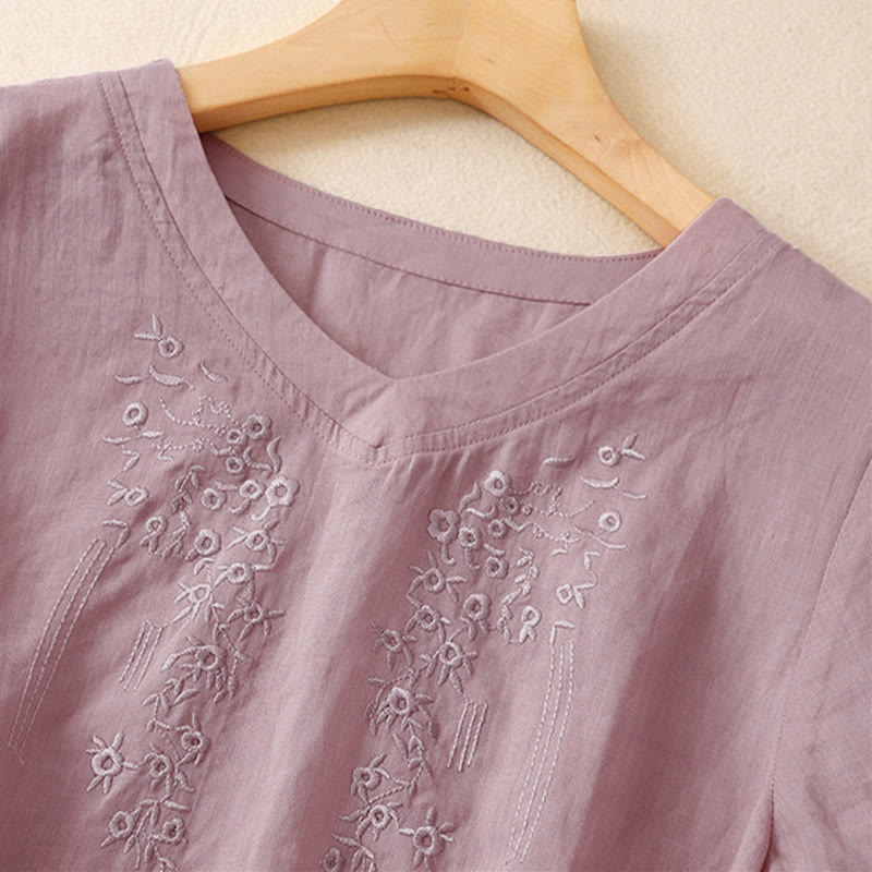 Buddha Stones Casual Damen-Shirt mit besticktem Blumenmuster, V-Ausschnitt und lockeren halben Ärmeln - image 7