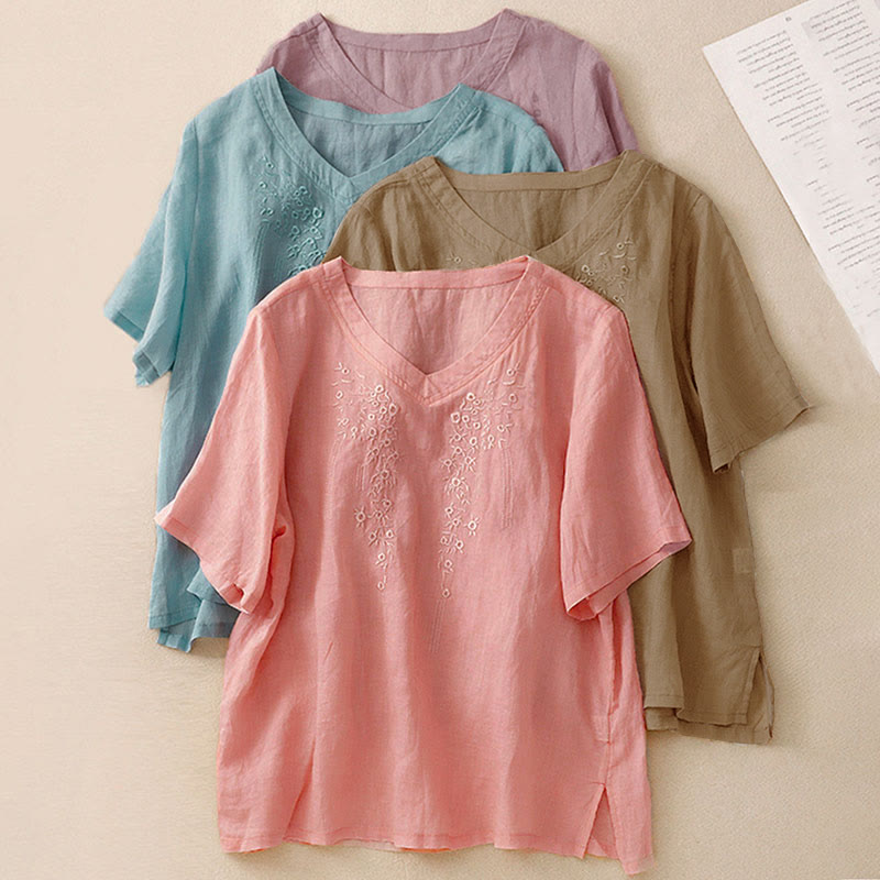 Buddha Stones Casual Damen-Shirt mit besticktem Blumenmuster, V-Ausschnitt und lockeren halben Ärmeln - image 27