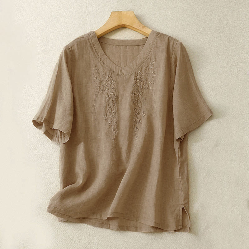 Buddha Stones Casual Damen-Shirt mit besticktem Blumenmuster, V-Ausschnitt und lockeren halben Ärmeln - Bräunen - US 8-10, UK/AU 12-14, EU 40-42 (2XL) - image 12