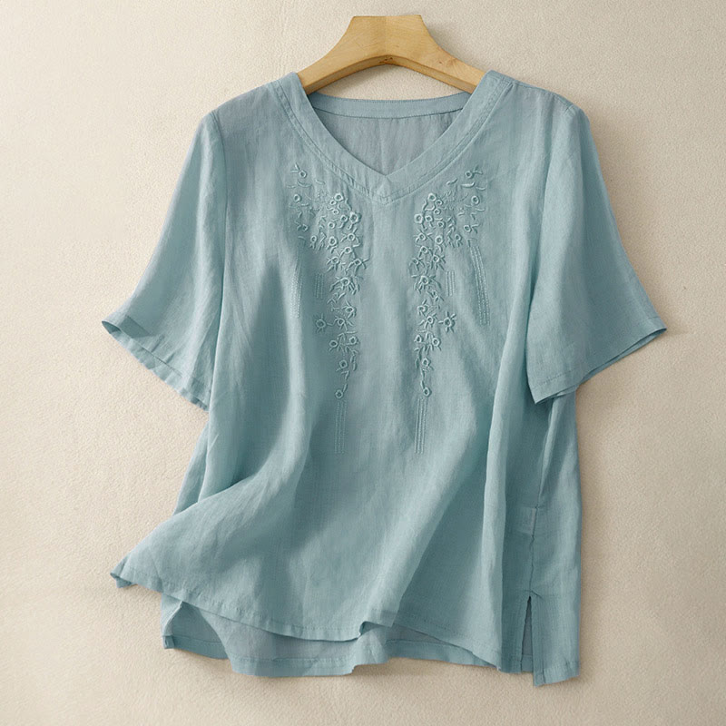 Buddha Stones Casual Damen-Shirt mit besticktem Blumenmuster, V-Ausschnitt und lockeren halben Ärmeln - Hellblau - US 8-10, UK/AU 12-14, EU 40-42 (2XL) - image 21