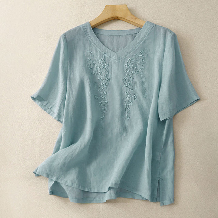 Buddha Stones Casual Damen-Shirt mit besticktem Blumenmuster, V-Ausschnitt und lockeren halben Ärmeln - Hellblau - US 8-10, UK/AU 12-14, EU 40-42 (2XL) - image 21