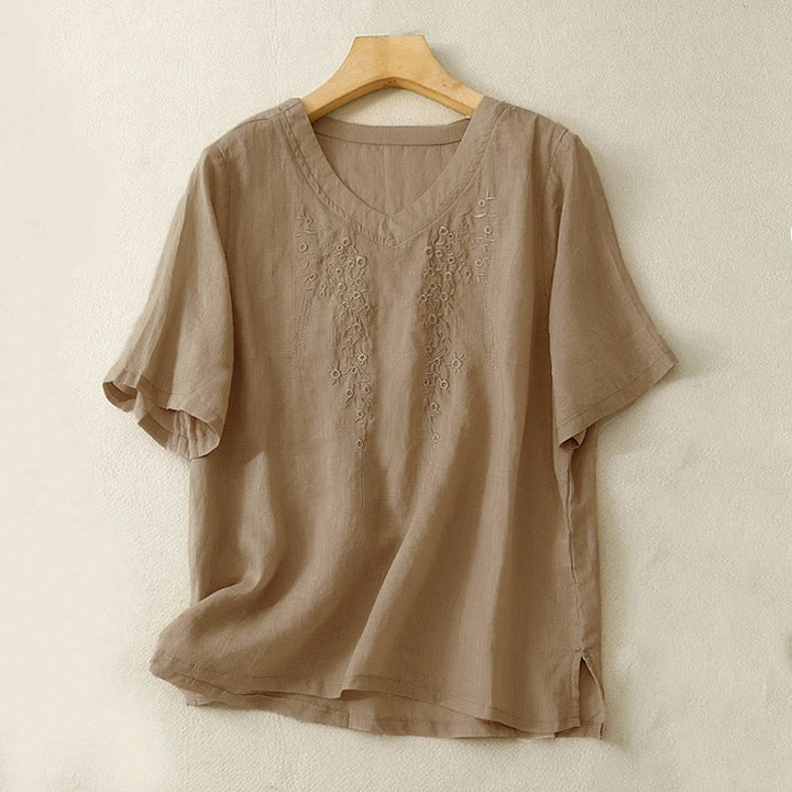 Buddha Stones Casual Damen-Shirt mit besticktem Blumenmuster, V-Ausschnitt und lockeren halben Ärmeln - Bräunen - US 8-10, UK/AU 12-14, EU 40-42 (2XL) - image 12