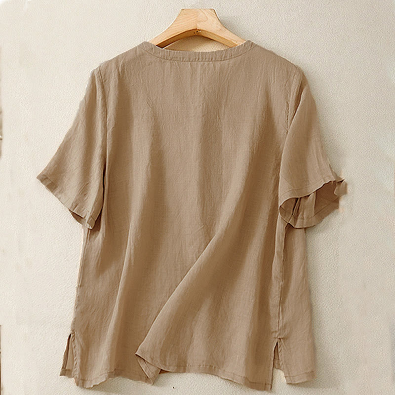 Buddha Stones Casual Damen-Shirt mit besticktem Blumenmuster, V-Ausschnitt und lockeren halben Ärmeln - image 13