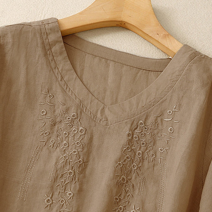 Buddha Stones Casual Damen-Shirt mit besticktem Blumenmuster, V-Ausschnitt und lockeren halben Ärmeln - image 14