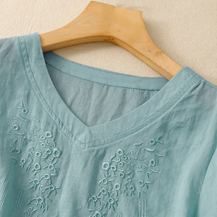 Buddha Stones Casual Damen-Shirt mit besticktem Blumenmuster, V-Ausschnitt und lockeren halben Ärmeln - image 22