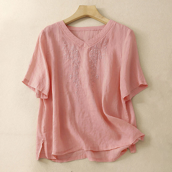 Buddha Stones Casual Damen-Shirt mit besticktem Blumenmuster, V-Ausschnitt und lockeren halben Ärmeln - DarkSalmon - US 8-10, UK/AU 12-14, EU 40-42 (2XL) - image 0
