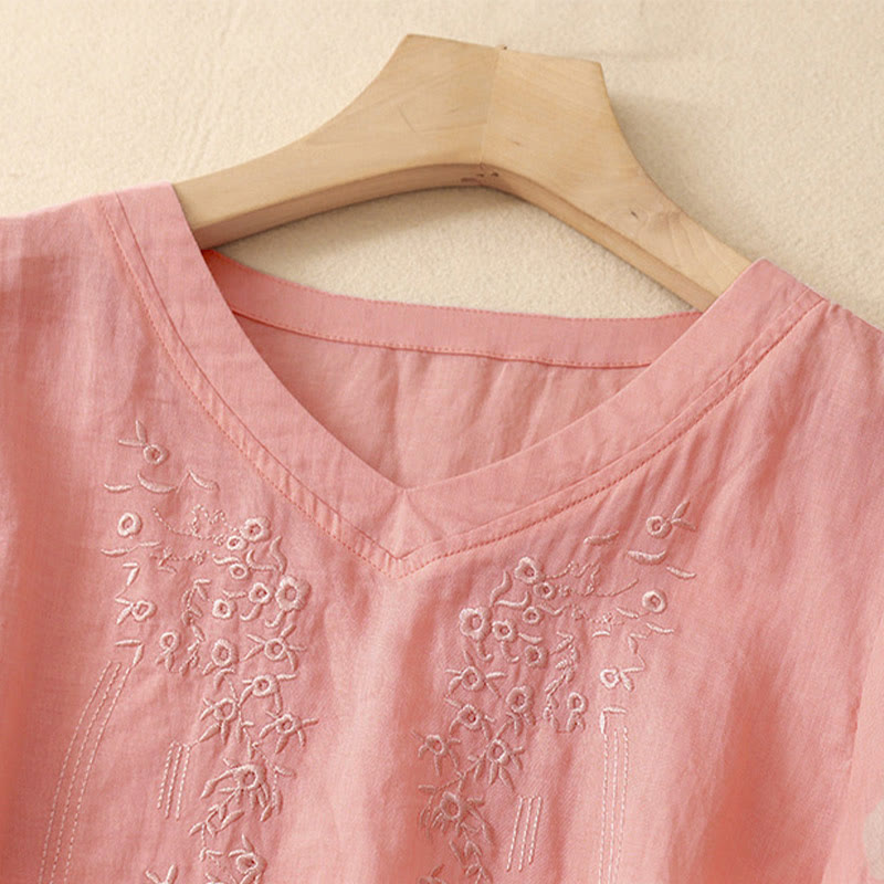 Buddha Stones Casual Damen-Shirt mit besticktem Blumenmuster, V-Ausschnitt und lockeren halben Ärmeln - image 1