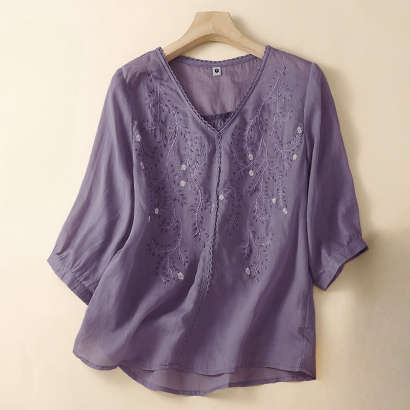 Buddha Stones ​​Sommer-Freizeit-T-Shirt mit Blumenzweig-Stickerei, V-Ausschnitt und halben Ärmeln für Damen - Mittelgroße Orchidee - US 8-10, UK/AU 12-14, EU 40-42 (2XL) - image 6
