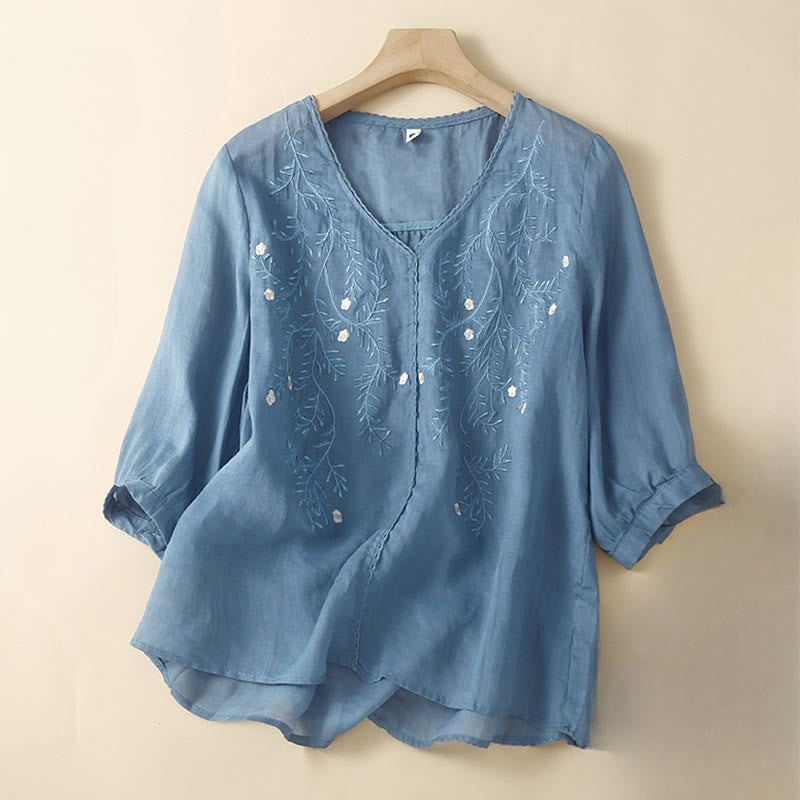 Buddha Stones ​​Sommer-Freizeit-T-Shirt mit Blumenzweig-Stickerei, V-Ausschnitt und halben Ärmeln für Damen - SteelBlue - US 8-10, UK/AU 12-14, EU 40-42 (2XL) - image 3