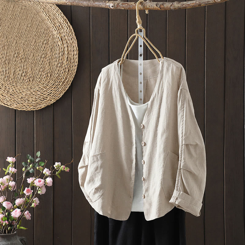 Buddha Stones Damenjacke mit V-Ausschnitt und Taschen in reinen Farben - Beige - US14, UK/AU18, EU46 (2XL) - image 0