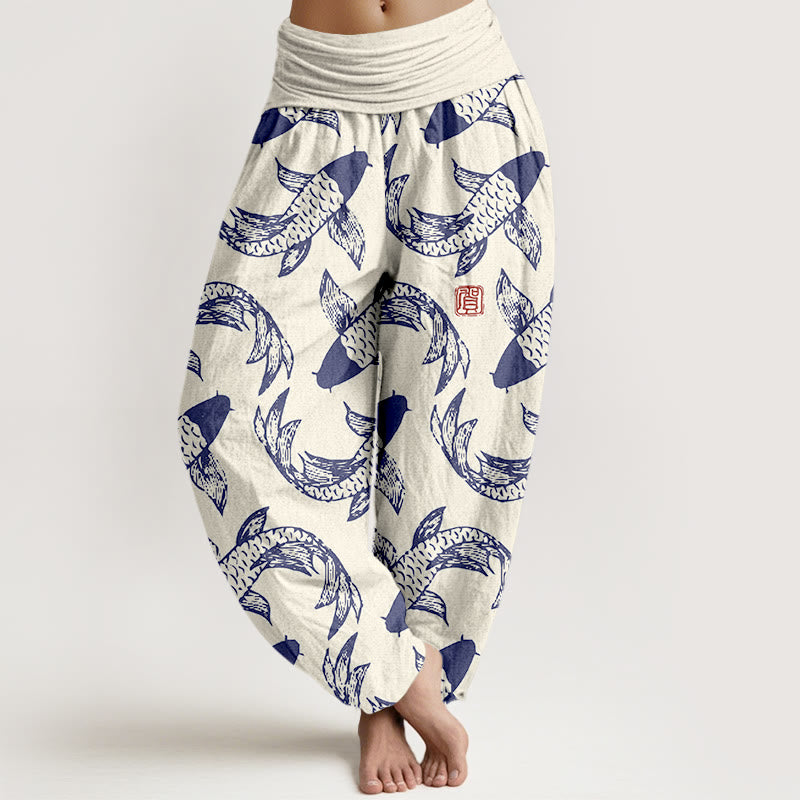 Buddha Stones Damen-Haremshose aus reiner Baumwolle mit Koi-Fisch-Motiv und elastischem Bund - Leinen - US16, UK/AU20, EU48 (3XL) - image 5