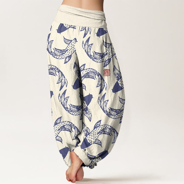 Buddha Stones Damen-Haremshose aus reiner Baumwolle mit Koi-Fisch-Motiv und elastischem Bund - image 6