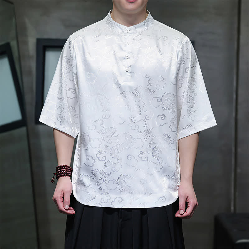 Buddha Stones Sommerliche Herren-Kurzarmhemden im Vintage-Tang-Stil mit Stehkragen, Drachen- und Wolkenmuster - Weiß - US/UK/AU46, EU56 (5XL) - image 10