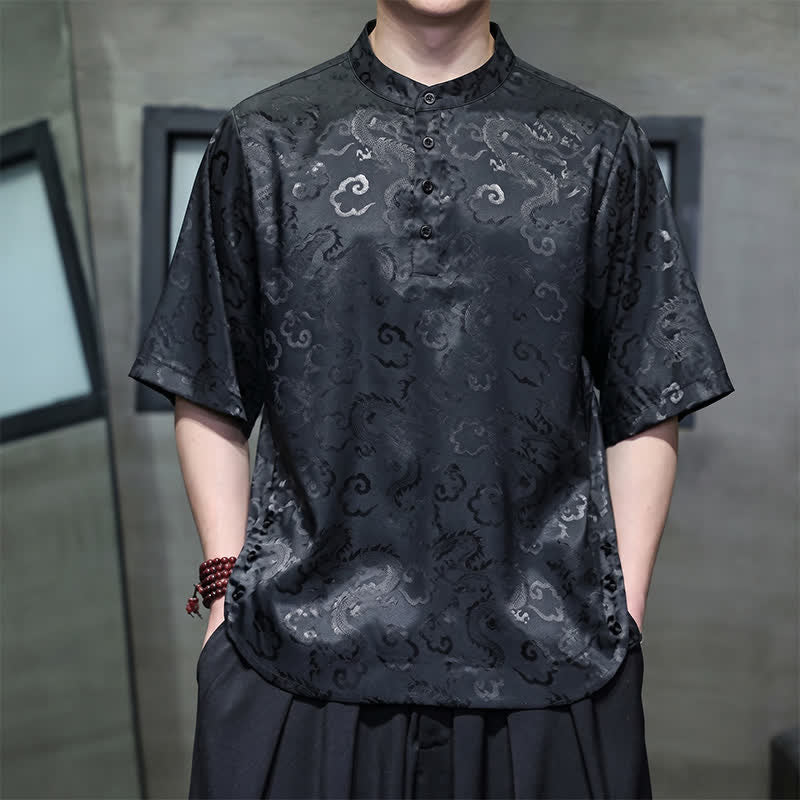 Buddha Stones Sommerliche Herren-Kurzarmhemden im Vintage-Tang-Stil mit Stehkragen, Drachen- und Wolkenmuster - Schwarz - US/UK/AU46, EU56 (5XL) - image 0