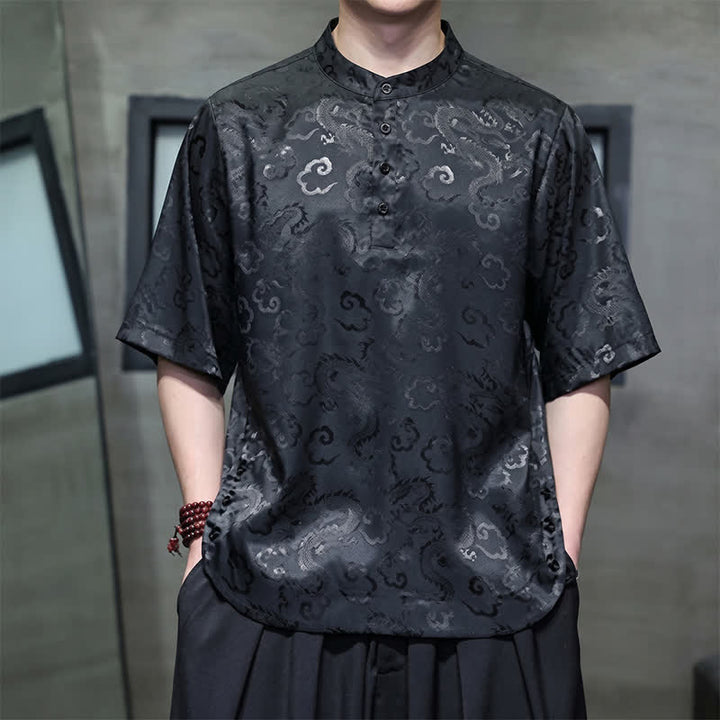 Buddha Stones Sommerliche Herren-Kurzarmhemden im Vintage-Tang-Stil mit Stehkragen, Drachen- und Wolkenmuster - Schwarz - US/UK/AU46, EU56 (5XL) - image 0