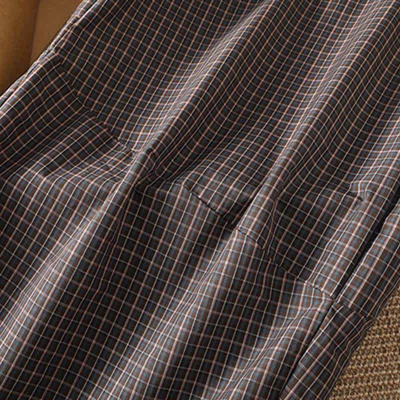 Buddha Stones Lässige, braun karierte Cropped-Hose für Damen, Frühling/Sommer, weit geschnitten, mit Taschen - image 8