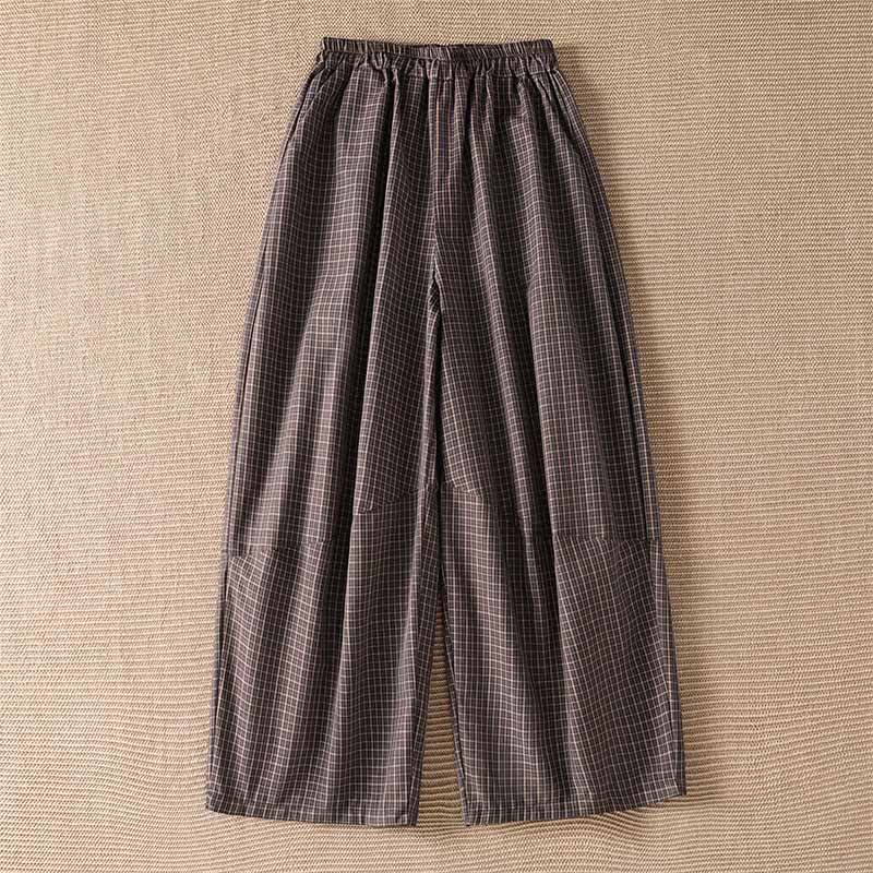 Buddha Stones Lässige, braun karierte Cropped-Hose für Damen, Frühling/Sommer, weit geschnitten, mit Taschen - Sienna - US8-10, UK/AU12-14, EU40-42 (2XL) - image 0