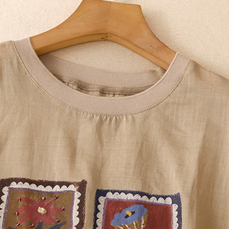 Buddha Stones Sommerliches, lässiges Vintage-T-Shirt mit Blumenmuster, quadratischem Patchwork-Design und kurzen Ärmeln für Damen - image 2