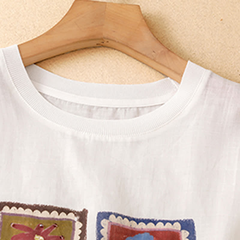 Buddha Stones Sommerliches, lässiges Vintage-T-Shirt mit Blumenmuster, quadratischem Patchwork-Design und kurzen Ärmeln für Damen - image 22