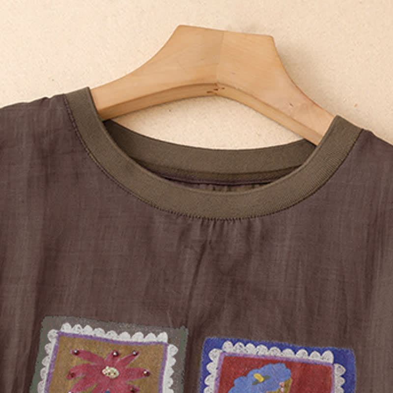 Buddha Stones Sommerliches, lässiges Vintage-T-Shirt mit Blumenmuster, quadratischem Patchwork-Design und kurzen Ärmeln für Damen - image 10
