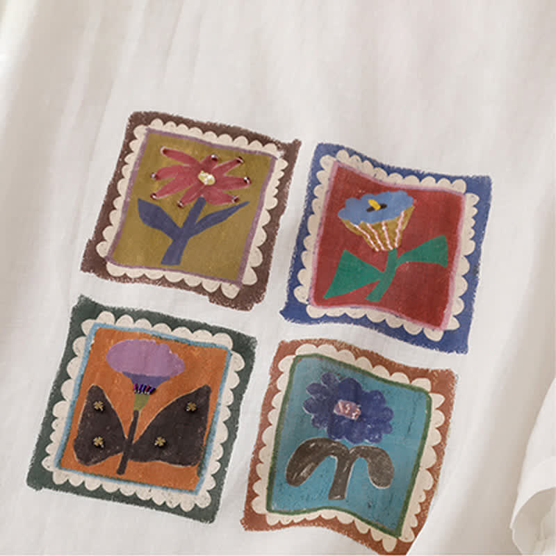 Buddha Stones Sommerliches, lässiges Vintage-T-Shirt mit Blumenmuster, quadratischem Patchwork-Design und kurzen Ärmeln für Damen - image 23