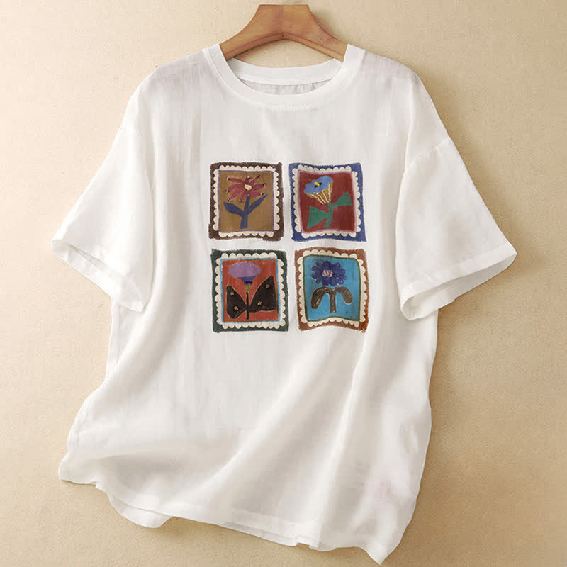 Buddha Stones Sommerliches, lässiges Vintage-T-Shirt mit Blumenmuster, quadratischem Patchwork-Design und kurzen Ärmeln für Damen - Weiß - US12, UK/AU16, EU44 (2XL) - image 21