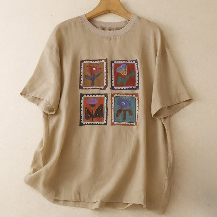 Buddha Stones Sommerliches, lässiges Vintage-T-Shirt mit Blumenmuster, quadratischem Patchwork-Design und kurzen Ärmeln für Damen - Blassgoldenrode - US12, UK/AU16, EU44 (2XL) - image 0