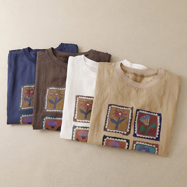 Buddha Stones Sommerliches, lässiges Vintage-T-Shirt mit Blumenmuster, quadratischem Patchwork-Design und kurzen Ärmeln für Damen - image 27