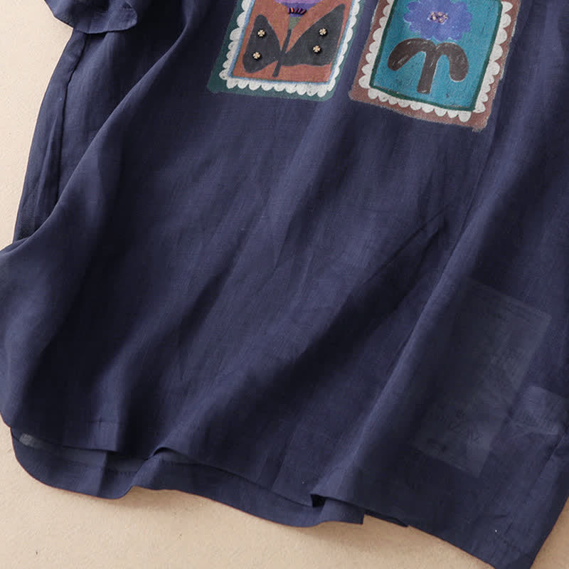 Buddha Stones Sommerliches, lässiges Vintage-T-Shirt mit Blumenmuster, quadratischem Patchwork-Design und kurzen Ärmeln für Damen - image 18