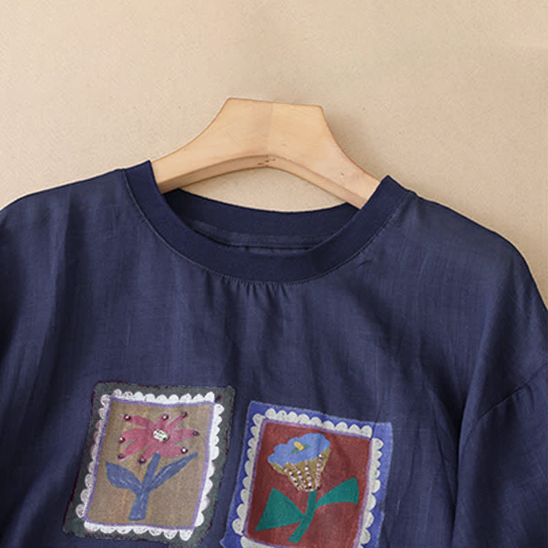 Buddha Stones Sommerliches, lässiges Vintage-T-Shirt mit Blumenmuster, quadratischem Patchwork-Design und kurzen Ärmeln für Damen - image 16