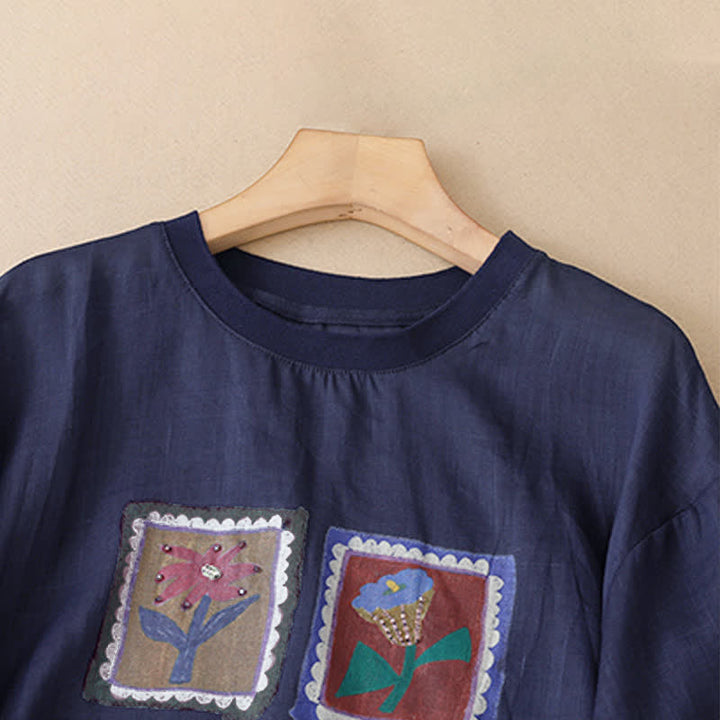 Buddha Stones Sommerliches, lässiges Vintage-T-Shirt mit Blumenmuster, quadratischem Patchwork-Design und kurzen Ärmeln für Damen - image 16