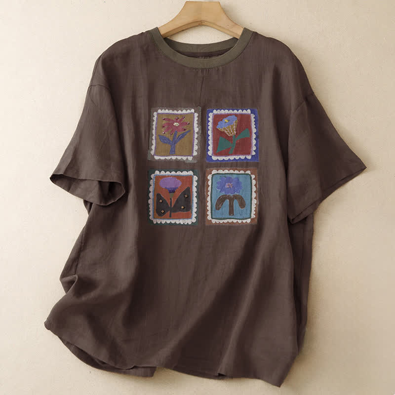 Buddha Stones Sommerliches, lässiges Vintage-T-Shirt mit Blumenmuster, quadratischem Patchwork-Design und kurzen Ärmeln für Damen - Sattelbraun - US12, UK/AU16, EU44 (2XL) - image 9