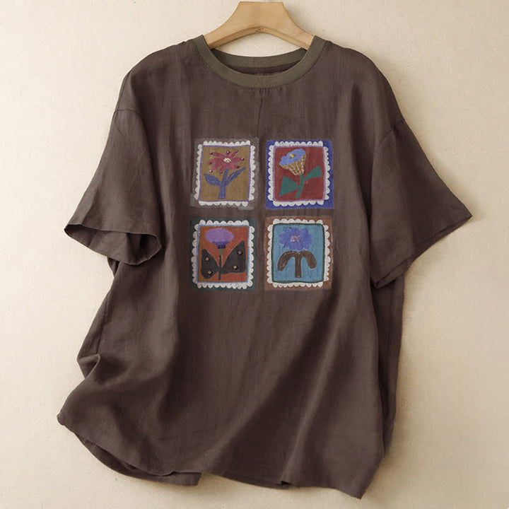Buddha Stones Sommerliches, lässiges Vintage-T-Shirt mit Blumenmuster, quadratischem Patchwork-Design und kurzen Ärmeln für Damen - Sattelbraun - US12, UK/AU16, EU44 (2XL) - image 9