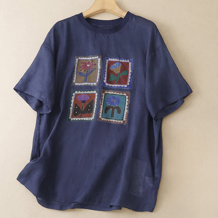 Buddha Stones Sommerliches, lässiges Vintage-T-Shirt mit Blumenmuster, quadratischem Patchwork-Design und kurzen Ärmeln für Damen - Mitternachtsblau - US12, UK/AU16, EU44 (2XL) - image 15