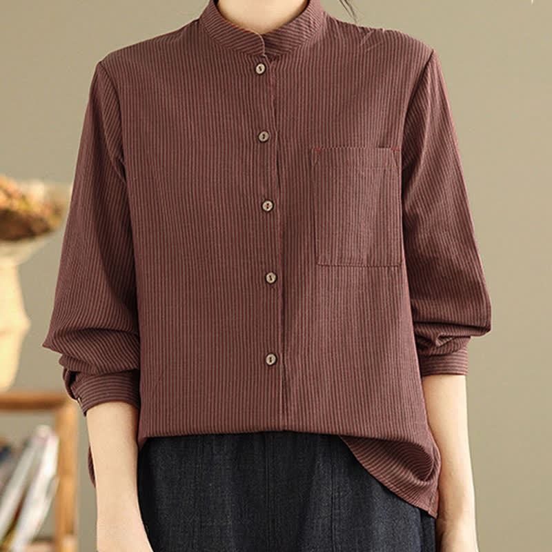 Buddha Stones Lässiges, sommerliches Langarmshirt im Tang-Stil mit Stehkragen, Streifen und aufgesetzter Tasche. - image 13