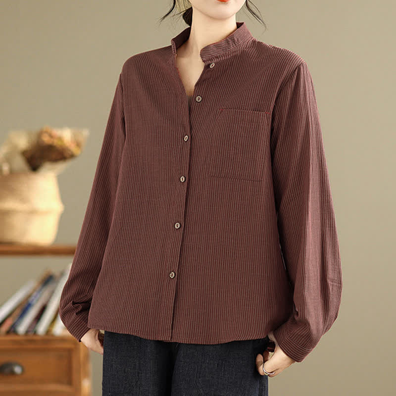 Buddha Stones Lässiges, sommerliches Langarmshirt im Tang-Stil mit Stehkragen, Streifen und aufgesetzter Tasche. - image 10