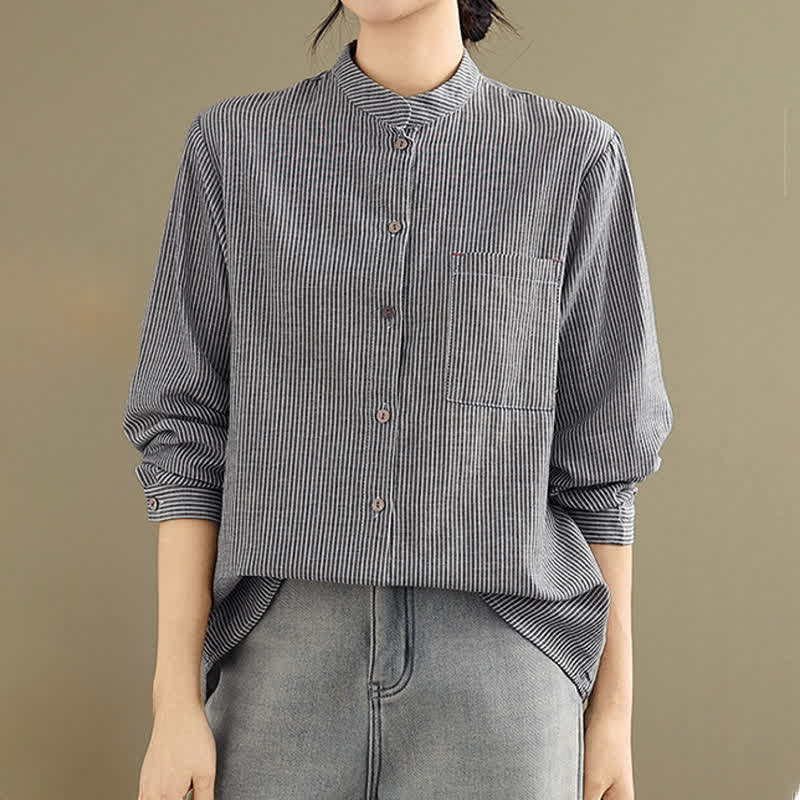 Buddha Stones Lässiges, sommerliches Langarmshirt im Tang-Stil mit Stehkragen, Streifen und aufgesetzter Tasche. - image 4