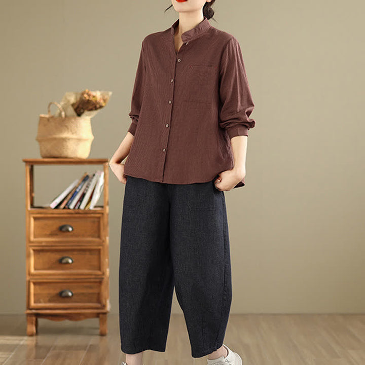 Buddha Stones Lässiges, sommerliches Langarmshirt im Tang-Stil mit Stehkragen, Streifen und aufgesetzter Tasche. - image 14