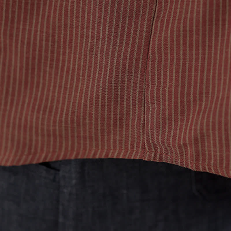 Buddha Stones Lässiges, sommerliches Langarmshirt im Tang-Stil mit Stehkragen, Streifen und aufgesetzter Tasche. - image 19