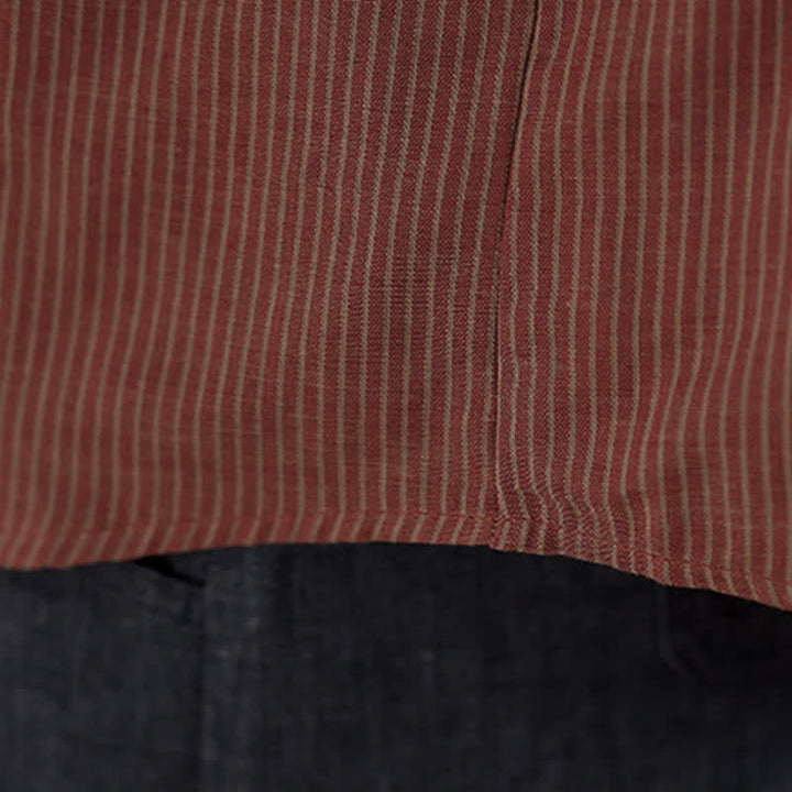 Buddha Stones Lässiges, sommerliches Langarmshirt im Tang-Stil mit Stehkragen, Streifen und aufgesetzter Tasche. - image 19