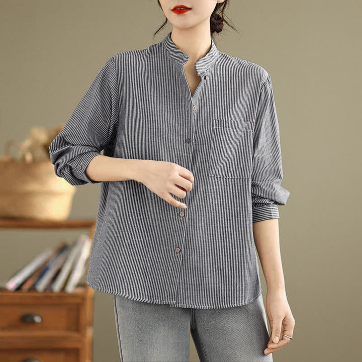 Buddha Stones Lässiges, sommerliches Langarmshirt im Tang-Stil mit Stehkragen, Streifen und aufgesetzter Tasche. - Grau - US8-10, UK/AU12-14, EU40-42 (2XL) - image 0
