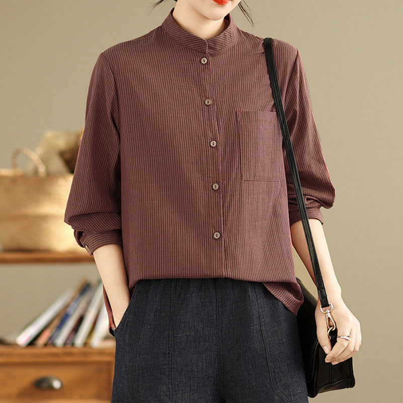 Buddha Stones Lässiges, sommerliches Langarmshirt im Tang-Stil mit Stehkragen, Streifen und aufgesetzter Tasche. - Kastanienbraun - US8-10, UK/AU12-14, EU40-42 (2XL) - image 8