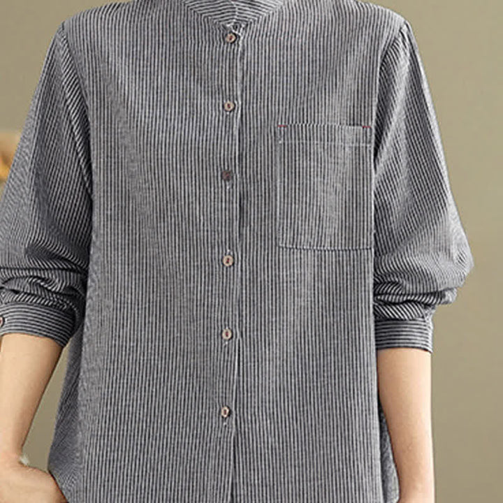 Buddha Stones Lässiges, sommerliches Langarmshirt im Tang-Stil mit Stehkragen, Streifen und aufgesetzter Tasche. - image 6