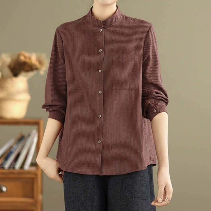 Buddha Stones Lässiges, sommerliches Langarmshirt im Tang-Stil mit Stehkragen, Streifen und aufgesetzter Tasche. - image 9