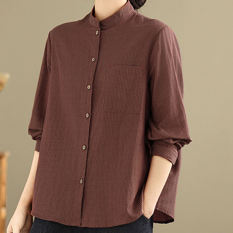 Buddha Stones Lässiges, sommerliches Langarmshirt im Tang-Stil mit Stehkragen, Streifen und aufgesetzter Tasche. - image 12