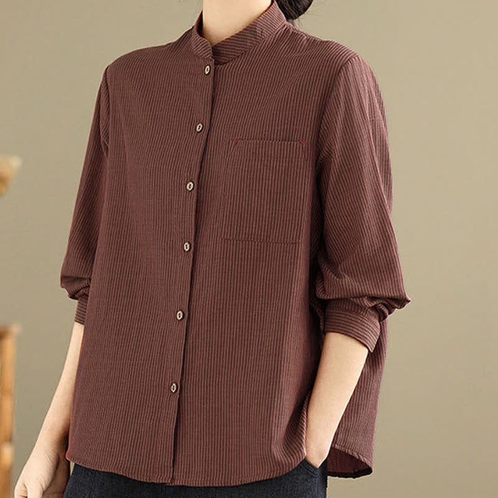 Buddha Stones Lässiges, sommerliches Langarmshirt im Tang-Stil mit Stehkragen, Streifen und aufgesetzter Tasche. - image 12